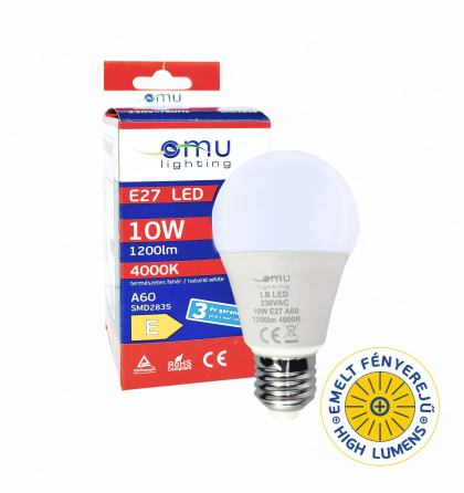 LED Крушка E27 A60 10W 1200lm 4000K 3 Години Гарнация OMU Lighting