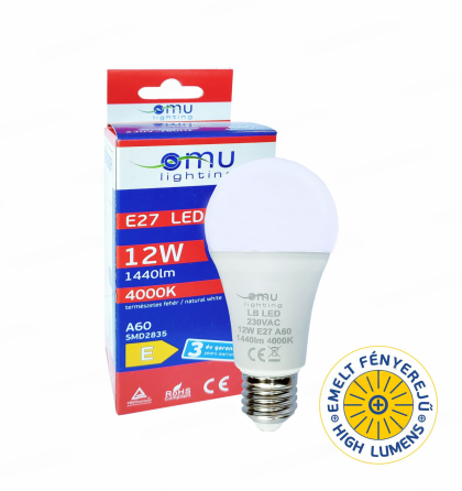 LED Крушка E27 A60 12W 1440lm 4000K 3 Години Гаранция OMU Lighting