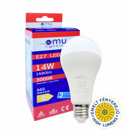 LED Крушка E27 A65 14W 1680lm 3000K 3 Години Гарнация OMU Lighting