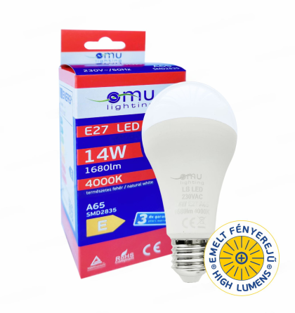 LED Крушка E27 A65 14W 1680lm 4000K 3 Години Гарнация OMU Lighting