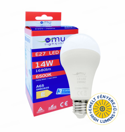 LED Крушка E27 A65 14W 1680lm 6500K 3 Години Гарнация OMU Lighting