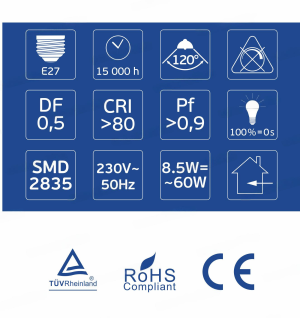 LED Крушка E27 A60 8.5W 806lm 3000K OMU Lighting