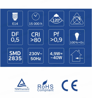 LED Крушка E14 Candle C37 4.9W 470lm 3000K OMU Lighting