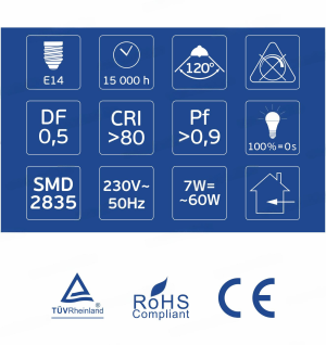 LED Крушка E14 P45 7W 600lm 3000K OMU Lighting