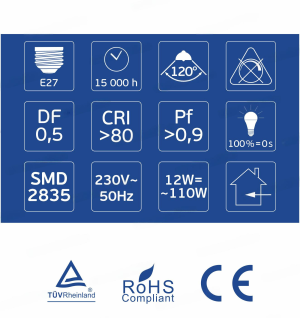 LED Крушка E27 A60 12W 1440lm 3000K 3 Години Гаранция OMU Lighting