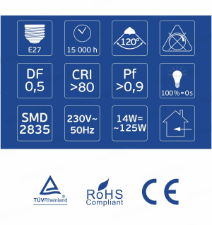 LED Крушка E27 A65 14W 1680lm 3000K 3 Години Гарнация OMU Lighting