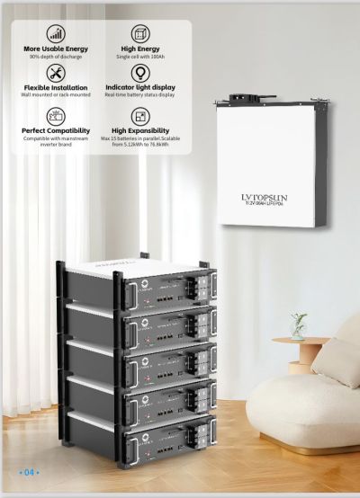 5.12kWh LiFePO4 Rack/Wall Battery TOPSUN 51.2V 100Ah  6000 Cycles WiFi Bluetooth